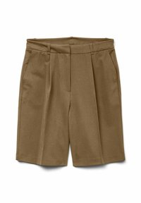 Bruine geplooide shorts van soepel materiaal, met zijzakken en een ontspannen pasvorm. Het materiaal heeft een subtiele textuur.