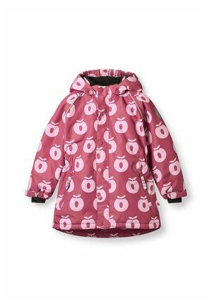 Veste d'hiver rose pour enfant avec capuche, présentant un motif de pommes rose clair et des poches zippées à l'avant.