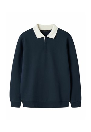 Pull bleu marine à manches longues avec col blanc et poignets côtelés, avec patte partielle sur le devant.