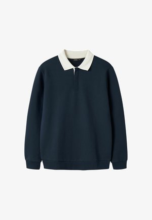 Langærmet mørkeblå pullover med hvid krave og ribbede manchetter, med delvist frontslids.