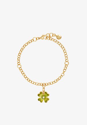 Bransoletka z złotego łańcuszka z zielonym zawieszonym czterolistnym koniczynkiem, na środku którego znajduje się mała biała perła, zakończona zapięciem typu karabińczyk.