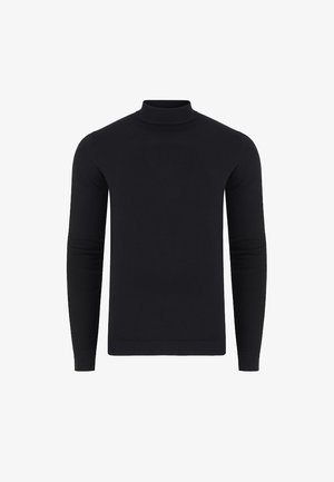 Czarny sweter z długim rękawem i stójką, z prążkowanymi wykończeniami kołnierza, mankietów i dolnej krawędzi, prezentowany na jednolitym białym tle.