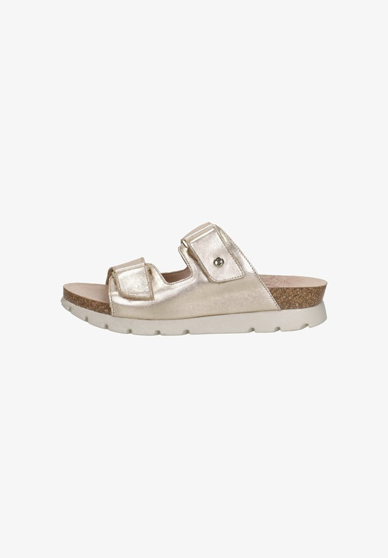 Metallic gold open-toe slide sandal with two adjustable straps, cork footbed, and white textured sole, shown from the side.
