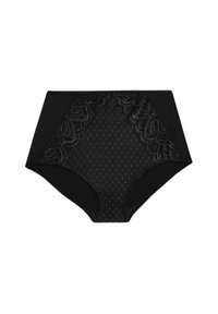Hoge taille zwarte onderbroek met een kanten paneel met een stippenpatroon, een gladde stof en naadloze randen voor comfort.