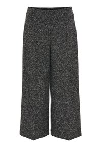 Wijdvallende broek in een zwart-wit gespikkeld patroon, gemaakt van textuurstof met een elastische tailleband.