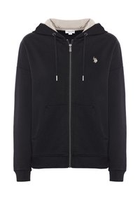 Felpa nera con zip, fodera interna grigia, tasche frontali, cappuccio con stringhe e piccolo logo ricamato sul petto. Tessuto morbido.