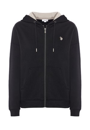 Felpa nera con zip, fodera interna grigia, tasche frontali, cappuccio con stringhe e piccolo logo ricamato sul petto. Tessuto morbido.