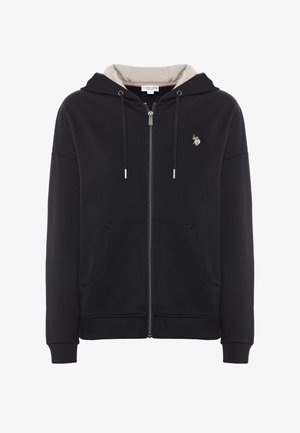 Felpa nera con zip, fodera interna grigia, tasche frontali, cappuccio con stringhe e piccolo logo ricamato sul petto. Tessuto morbido.