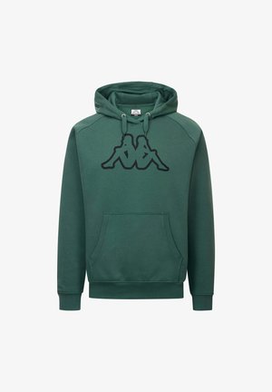 Felpa verde con cappuccio in tessuto morbido, con tasca a marsupio, polsini a coste e una grande grafica con logo nero sul petto.