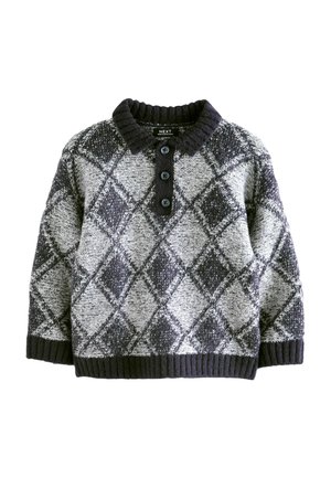 Strickpullover mit einem dunklen Kragen und Rautenmuster in Grau- und Marineblau-Tönen. Verfügt über drei Knöpfe am Hals und gerippte Bündchen.