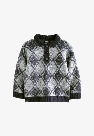 Gebreide pullover met een donkere kraag en een ruitpatroon in grijstinten en marineblauw. Voorzien van drie knopen bij de hals en geribde manchetten.