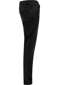 Jeans de denim negri cu o croială slim, cu un design cu cinci buzunare, cusături tonale și un pic mai îngust în zona gleznei. Textură netedă, fără deteriorări vizibile.