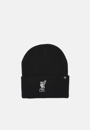 Black knitted beanie hat featuring a fold-up cuff, embroidered white Liverpool FC logo, and a small branded tag on the side.
