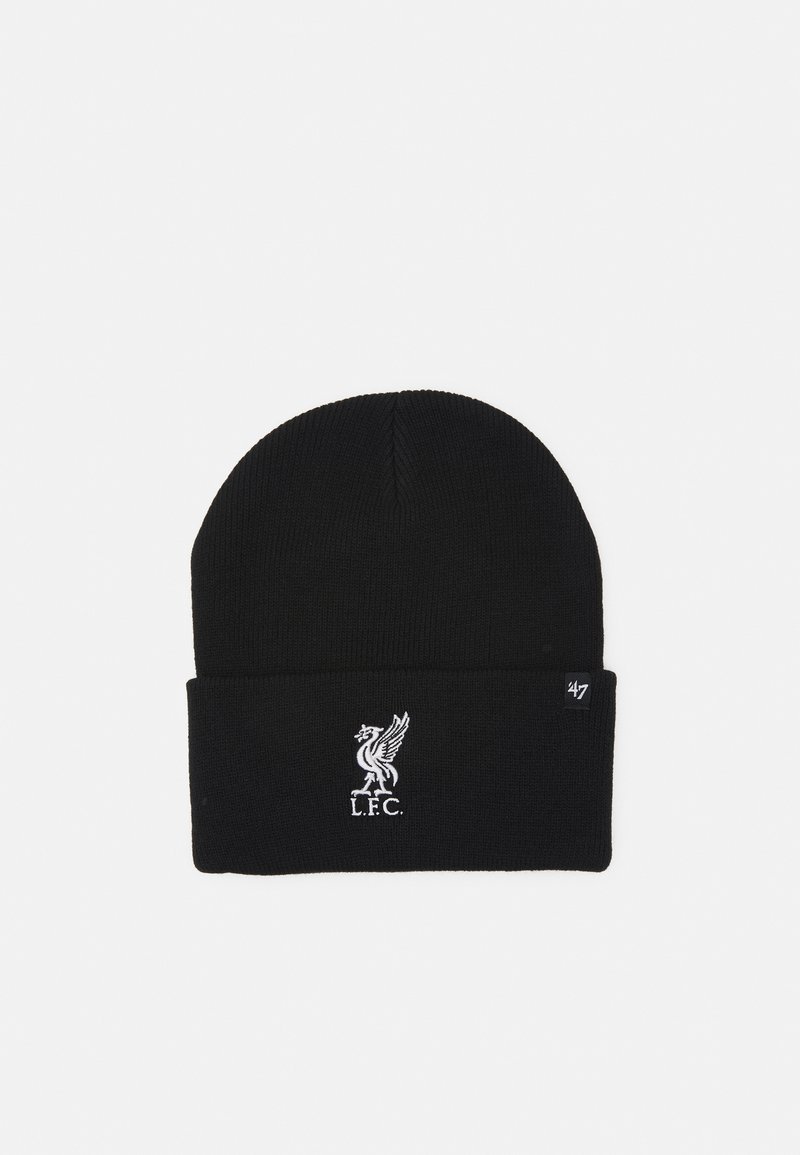 Bonnet en tricot noir avec un revers, logo Liverpool FC brodé en blanc et une petite étiquette de marque sur le côté.