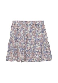 Blommig kjol i lätt tyg. Har en vit bakgrund med rosa och blå blommor, elastisk midja och lagerdesign.
