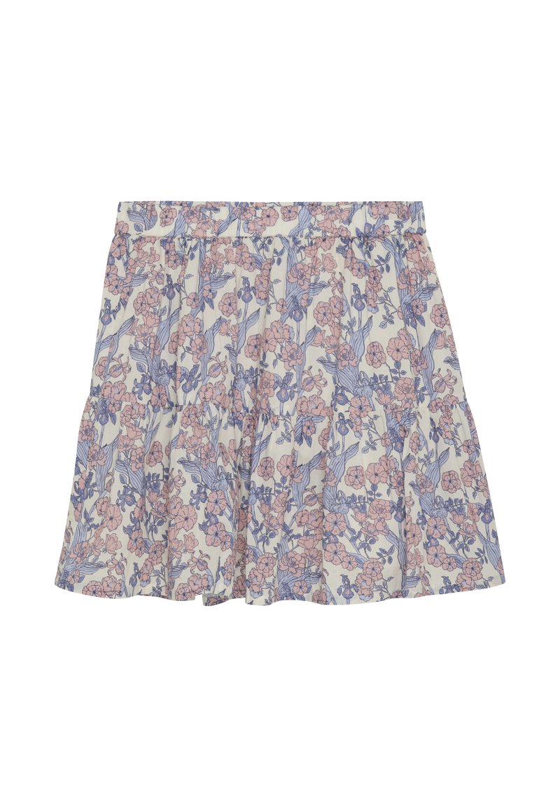 Blommig kjol i lätt tyg. Har en vit bakgrund med rosa och blå blommor, elastisk midja och lagerdesign.