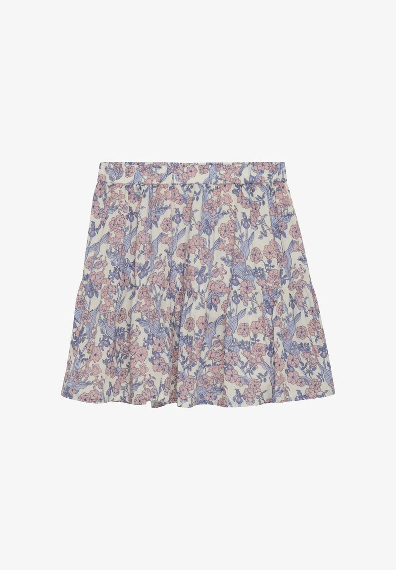 Blomsterkjole i let stof. Har en hvid baggrund med pink og blå blomster, en elastisk talje og lagdelt design.