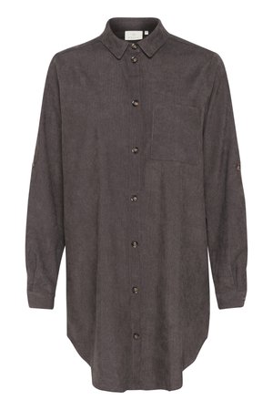 Camicia button-up grigia scura con una texture liscia, maniche lunghe, una tasca sul petto e bottoni marroni sul davanti e sui polsini.