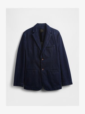 Marineblå denimblazer med smal revers, to forlommer, en brystlomme og brune knapper. Blød tekstur, afslappet pasform.