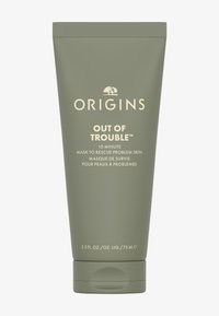 Tube verte avec un capuchon à bascule, étiqueté "OUT OF TROUBLE™" en texte blanc. Contient 2,5 fl. oz. d'un masque facial pour peau à problèmes.