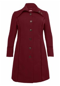 Abrigo burdeos de tela suave, con cuello, seis botones en la parte delantera y detalles en las costuras laterales. Mangas largas, ajuste entallado.