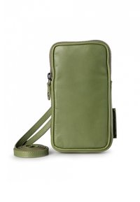 Green leather crossbody bag with a rectangular shape, zip closure, and adjustable strap. Smooth texture with subtle stitching details.