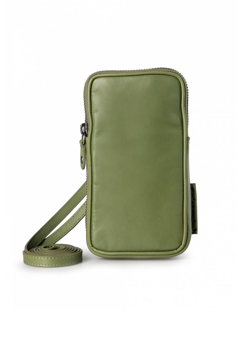 Green leather crossbody bag with a rectangular shape, zip closure, and adjustable strap. Smooth texture with subtle stitching details.