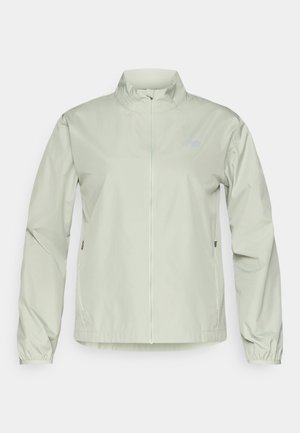 Hellgrüne Windjacke mit Stehkragen, Reißverschluss vorne, elastischen Bündchen und seitlichen Taschen; glatte, wasserabweisende Stoffoberfläche.