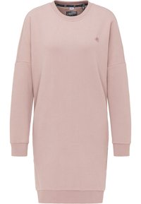 Vestido sudadera de color rosa claro, confeccionado en tela suave, con cuello redondo, mangas largas, puños acanalados y detalle sutil del logo en el pecho.