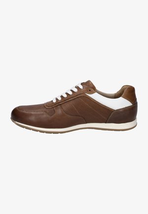 Brown leather sneaker with white accents, perforated side panels, and white laces. Rubber sole, rounded toe, and a textured finish.