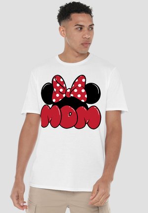 White cotton t-shirt featuring a black and red Mickey Mouse design with a polka dot bow and the word "MOM" in bold red letters.