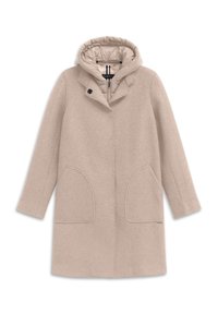 Beige Wollmantel mit langen Ärmeln, zwei großen Vorderstaschen und einer inneren gepolsterten Kapuzenlage mit Reißverschluss.