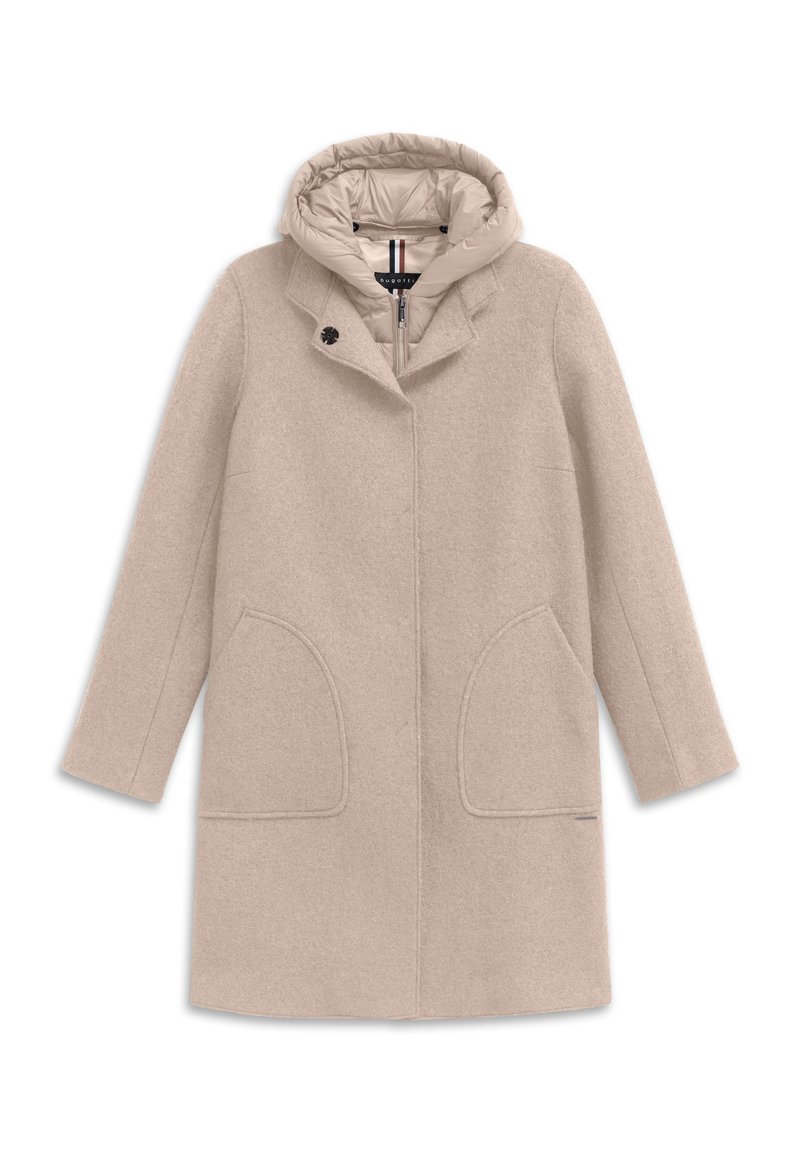 Beige Wollmantel mit langen Ärmeln, zwei großen Vorderstaschen und einer inneren gepolsterten Kapuzenlage mit Reißverschluss.