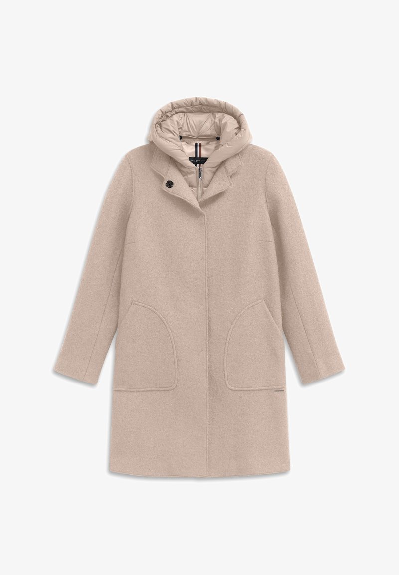 Beige Wollmantel mit langen Ärmeln, zwei großen Vorderstaschen und einer inneren gepolsterten Kapuzenlage mit Reißverschluss.