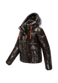 Brun puffjacka med en blank yta, stor huva, orange dragsnören och elastiska ärmslut; har quiltade sektioner och en framficka.