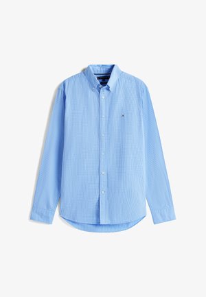 Hellblau kariertes Langarmhemd mit Button-Down-Kragen, Frontknöpfen und kleinem Logo auf der linken Brust. Aus Baumwollstoff.