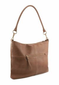 Borsa a tracolla in pelle marrone con una superficie testurizzata, singolo manico per la spalla e una tasca con zip frontale. Presenta dettagli in hardware dorato.