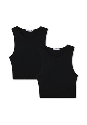 Top a fascia nera in tessuto liscio con scollatura rotonda e spalline larghe. Due pezzi identici esposti insieme.