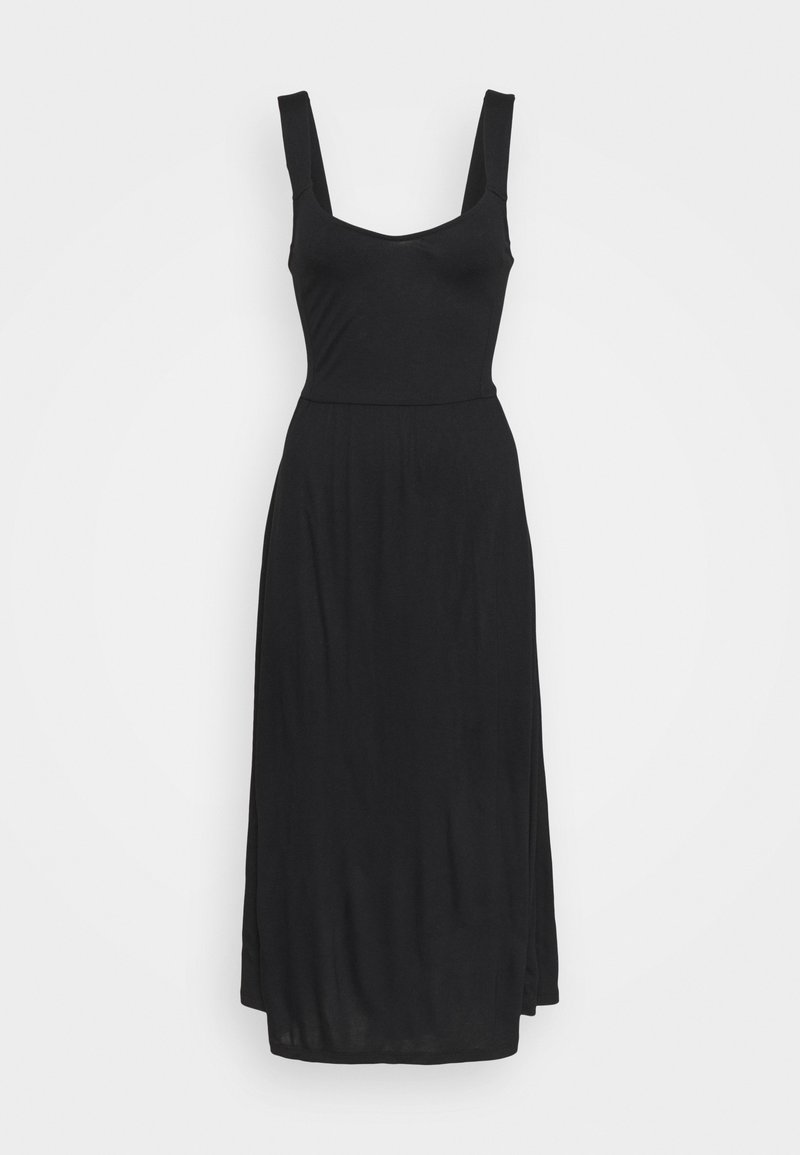 Robe noire sans manches avec un buste ajusté et une jupe fluide. Fabriquée en tissu doux avec une texture lisse. Encolure légèrement arrondie.