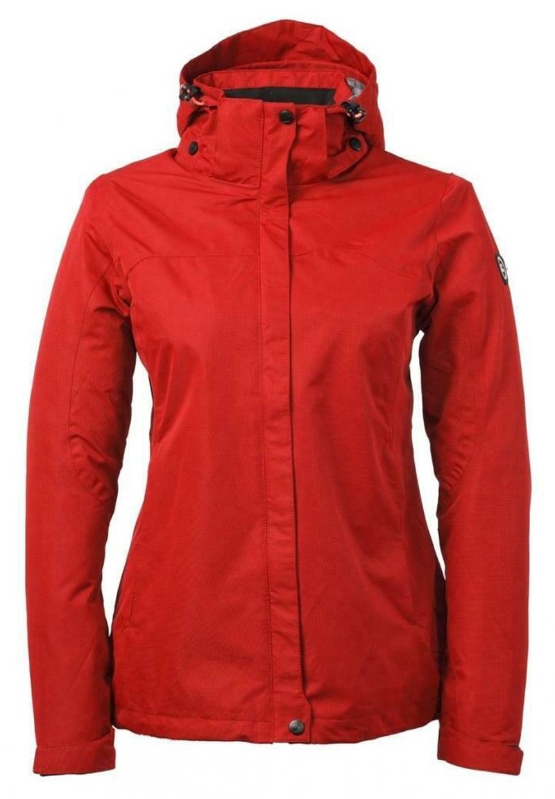 Rote wasserdichte Jacke mit hohem Kragen und verstellbarer Kapuze, mit glatter Textur, Reißverschluss vorne und Druckknöpfen.