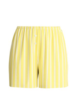 Herenboxershort met verticale gele en witte strepen, elastische tailleband en twee witte knopen op de voorvlieg.