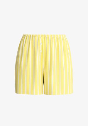 Herenboxershort met verticale gele en witte strepen, elastische tailleband en twee witte knopen op de voorvlieg.