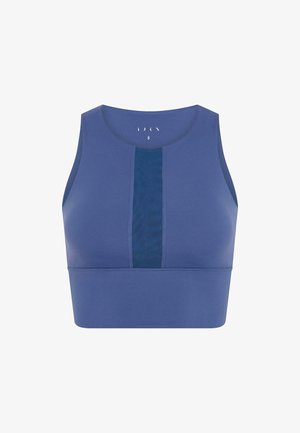 Blå sports-bh med rund halslinje, cropped design, teksturert midtpanel og glatt stoff. Har minimalistiske sømdetaljer.