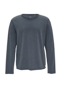 Chemise à manches longues, col rond en coton gris foncé. Offre une coupe décontractée, une texture douce et des détails de couture minimaux à l'ourlet et aux poignets.