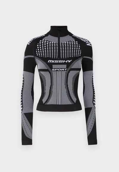 Langärmliges schwarzes Sportoberteil mit hohem Kragen. Verfügt über weiße grafische Muster und Markenkennzeichnung, zeigt ein tailliertes Design und strukturierten Stoff.