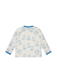 Maglietta a maniche lunghe in cotone crema con stampa di gufo blu, con rifiniture blu sullo scollo e sui polsini. Texture morbida e vestibilità rilassata.