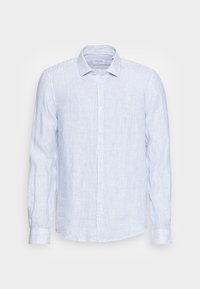 Camicia a maniche lunghe blu e bianca a righe realizzata in tessuto leggero, con colletto classico e chiusura frontale a bottoni, dotata di maniche con polsini.