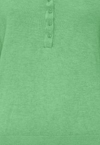 Grüner gestrickter Pullover mit Henley-Ausschnitt, ausgestattet mit fünf Knöpfen und geripptem Saum. Das Material wirkt weich und glatt in der Textur.