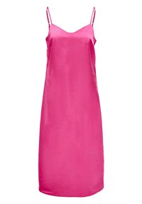 Abito slip in satin fucsia con spalline sottili regolabili, design senza maniche e una consistenza liscia e lucida. Lunghezza media con una silhouette semplice.