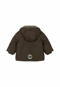 Bruine kinderjas met capuchon, voorzien van een zachte innerlijke voering, elastische manchetten en een logo op de achterkant. Duurzaam en geïsoleerd ontwerp.